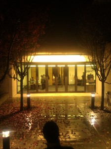 Wet stairs at night leading down to the entry of Pake auditorium, lobby lighting shining through glass doors. 